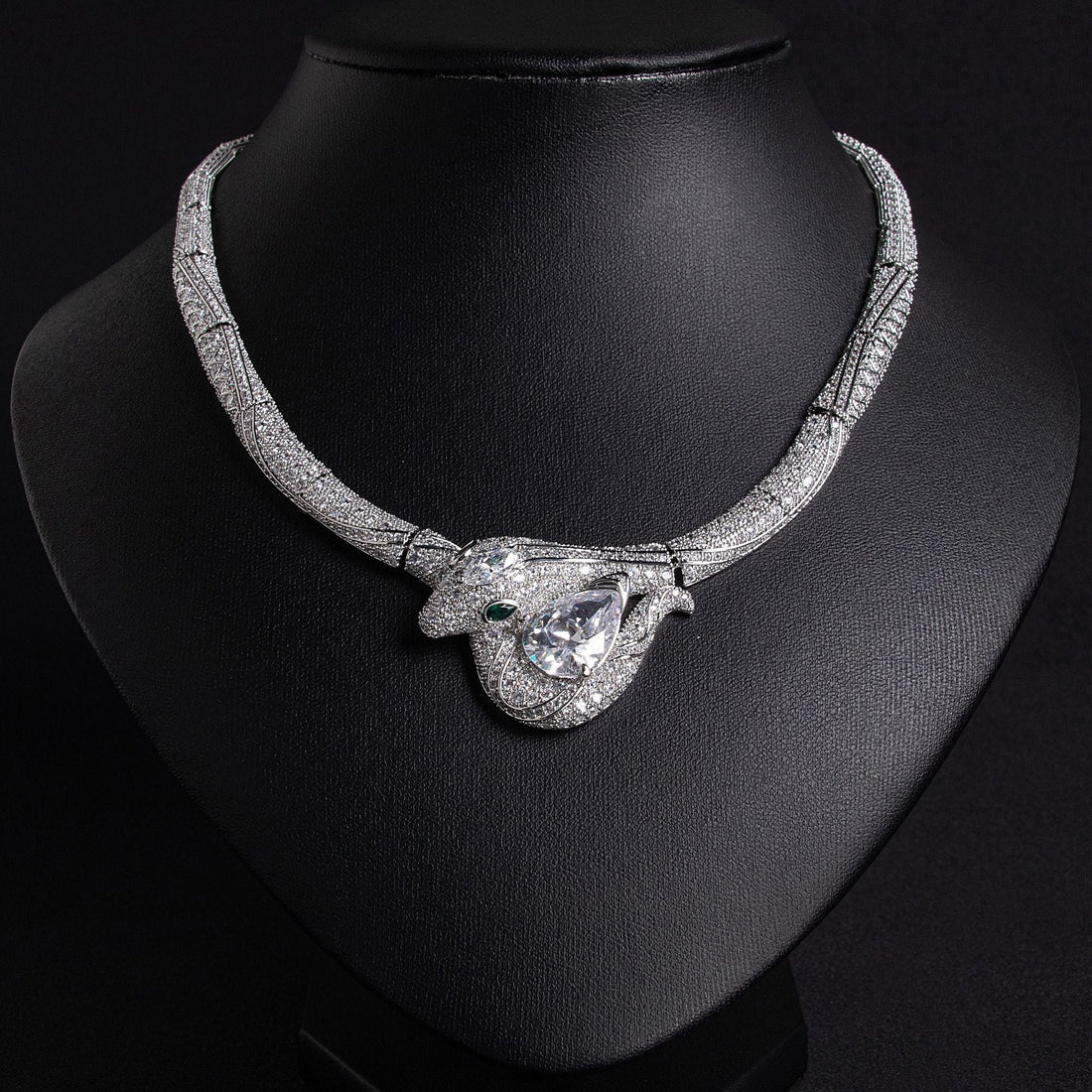 18K Gold Snake and Bamboo Knot Zirconia Statement Necklace