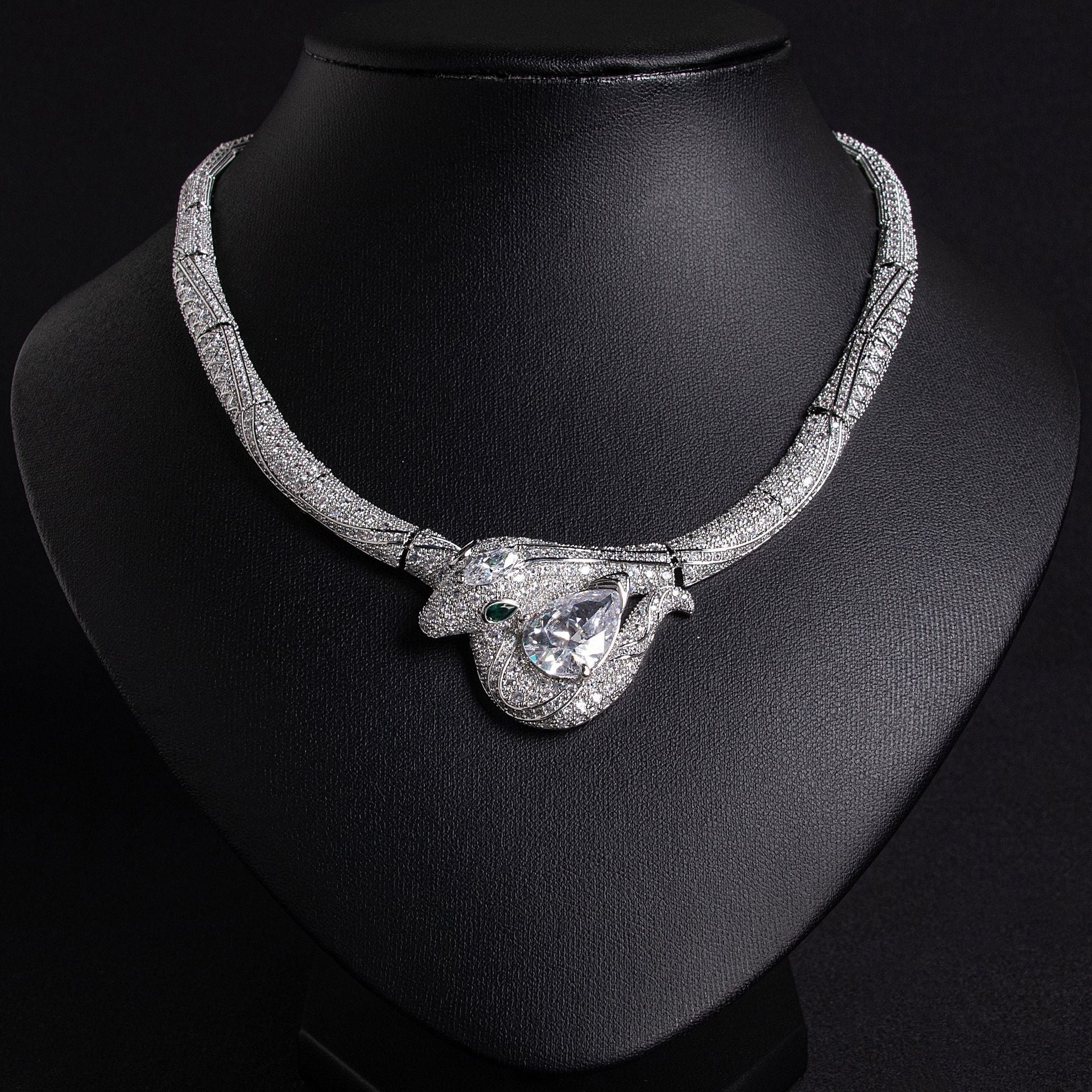 18K Gold Snake and Bamboo Knot Zirconia Statement Necklace