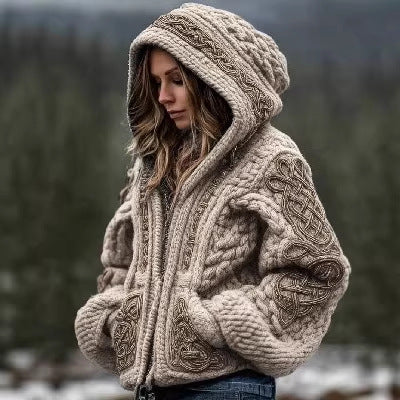 Women's Hooded Zip-Up Cable Knit Cardigan with Celtic Pattern - Image 2