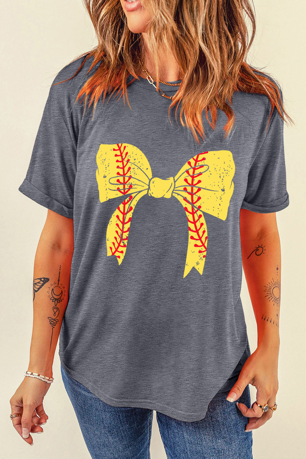Gray Casual Baseball Graphic Tee with Bowknot & Roll Up Sleeves