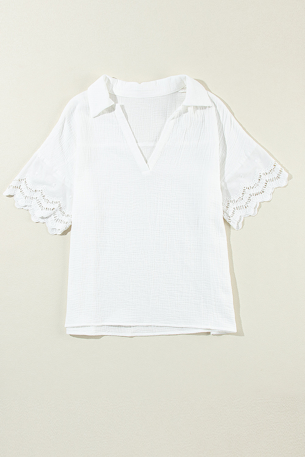 Women's Crinkled V-Neck Blouse with Lace Sleeve Detail