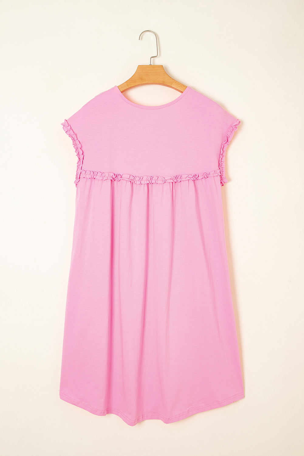 Women's Loose Fit Mini Dress with Frilled Trim - Casual Cotton