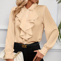 Women Ruffled Collared Long Sleeve Blouse Dressy Work Top