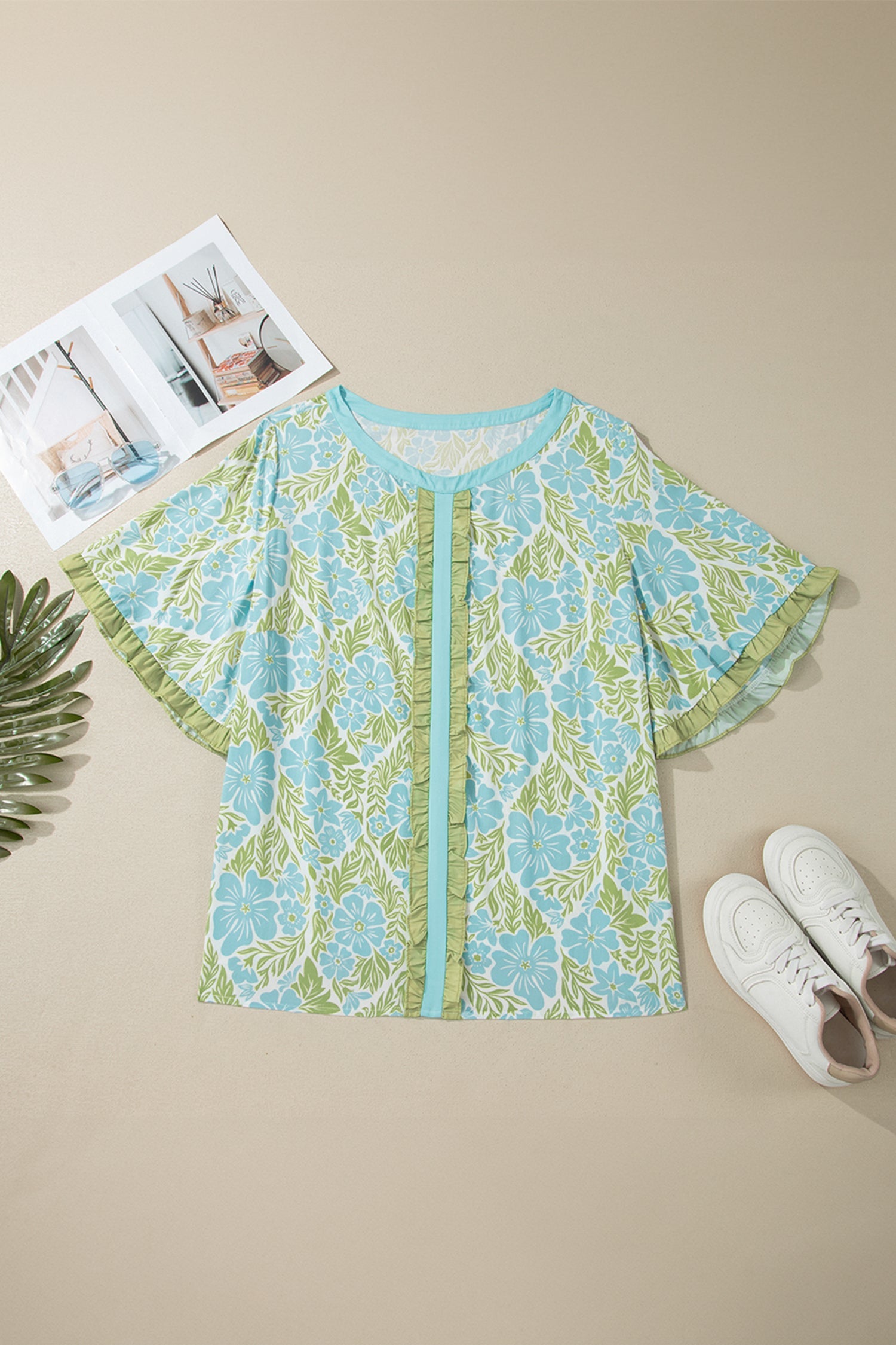 Elina Floral Short Sleeve Blouse with Ruffled Trim and Color Block
