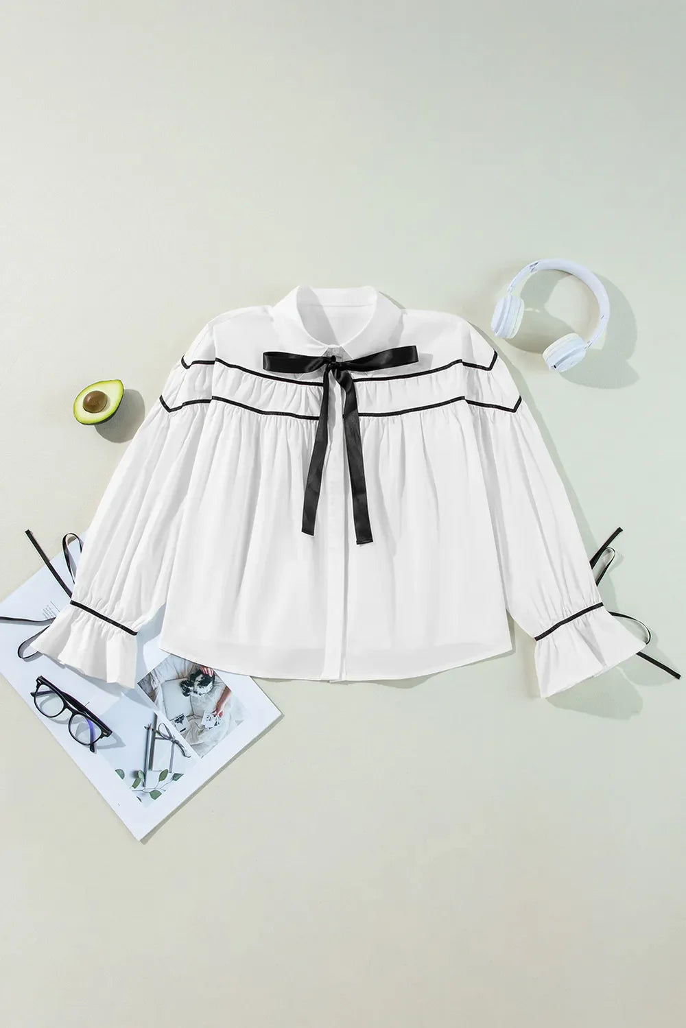 White Ribbon Bowtie Collared Blouse with Flounce Sleeves - Image 5