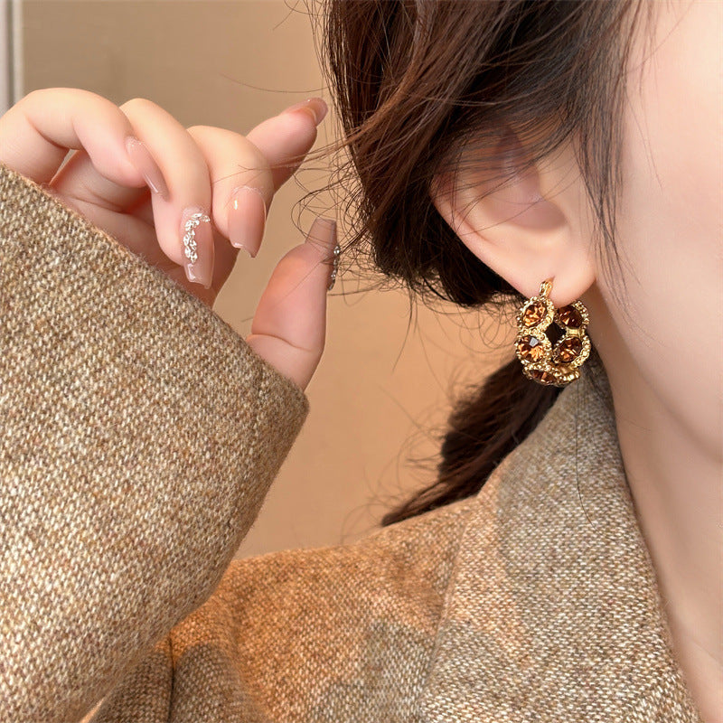 Coffee Crystal Hoop Ear Clips Elegant Light-luxury U-Shape