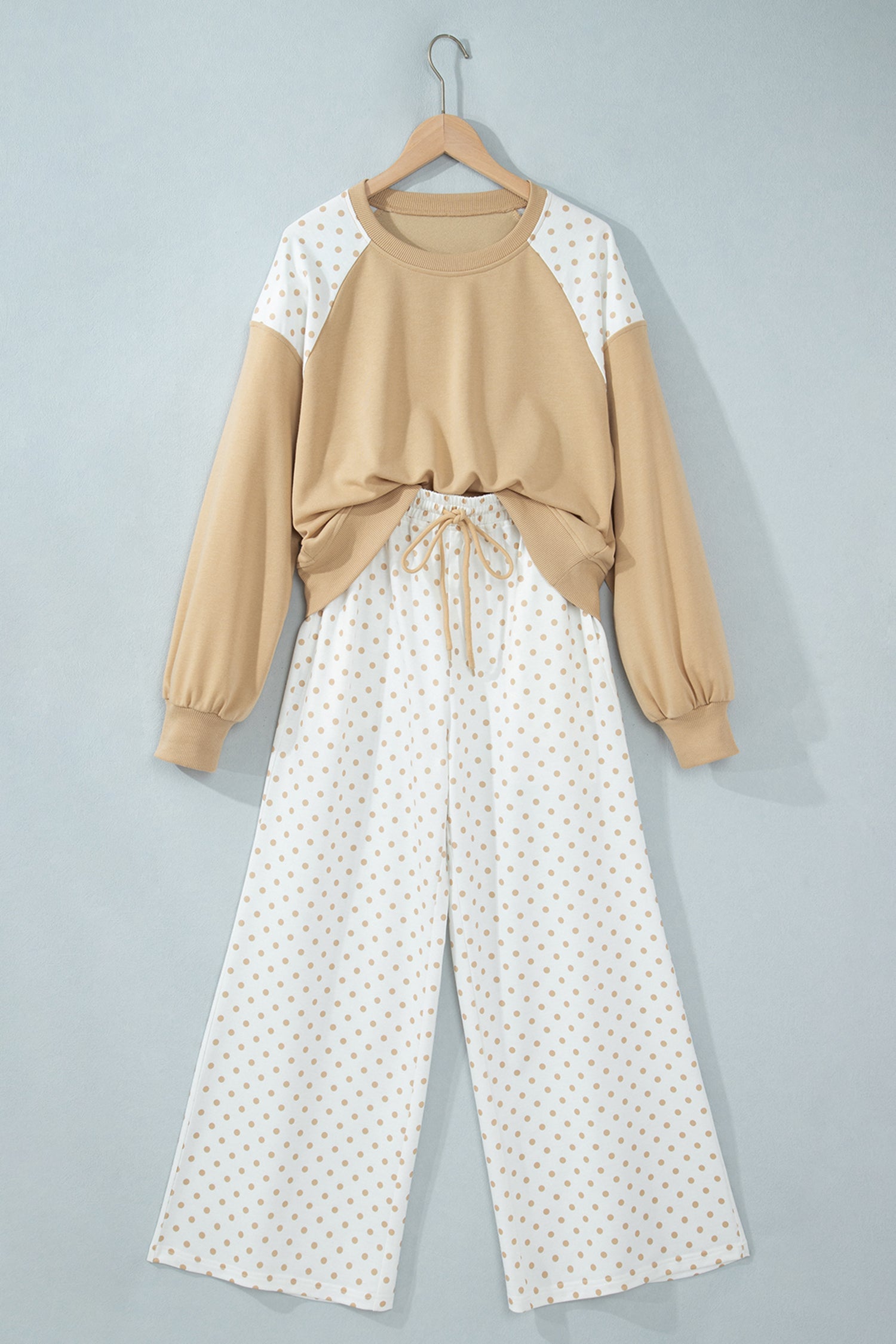Polka Dot Patchwork Crop Sweatshirt & Pants Set