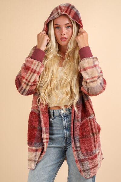 Fuzzy Plaid Hooded Jacket Long Sleeve Warm Casual Shacket