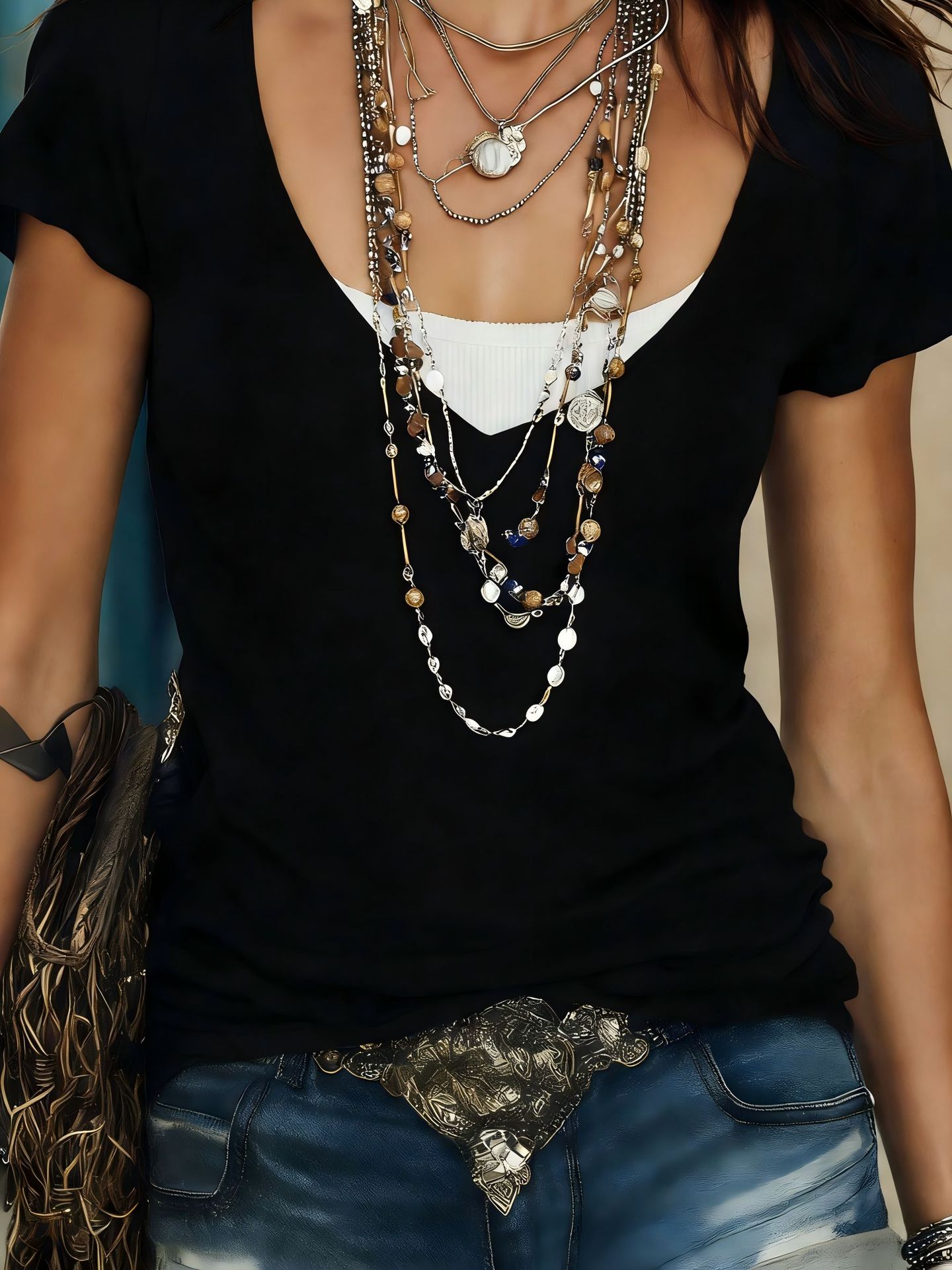 Women's Solid Color Mock Two-Piece V-Neck Short Sleeve Top - Image 7