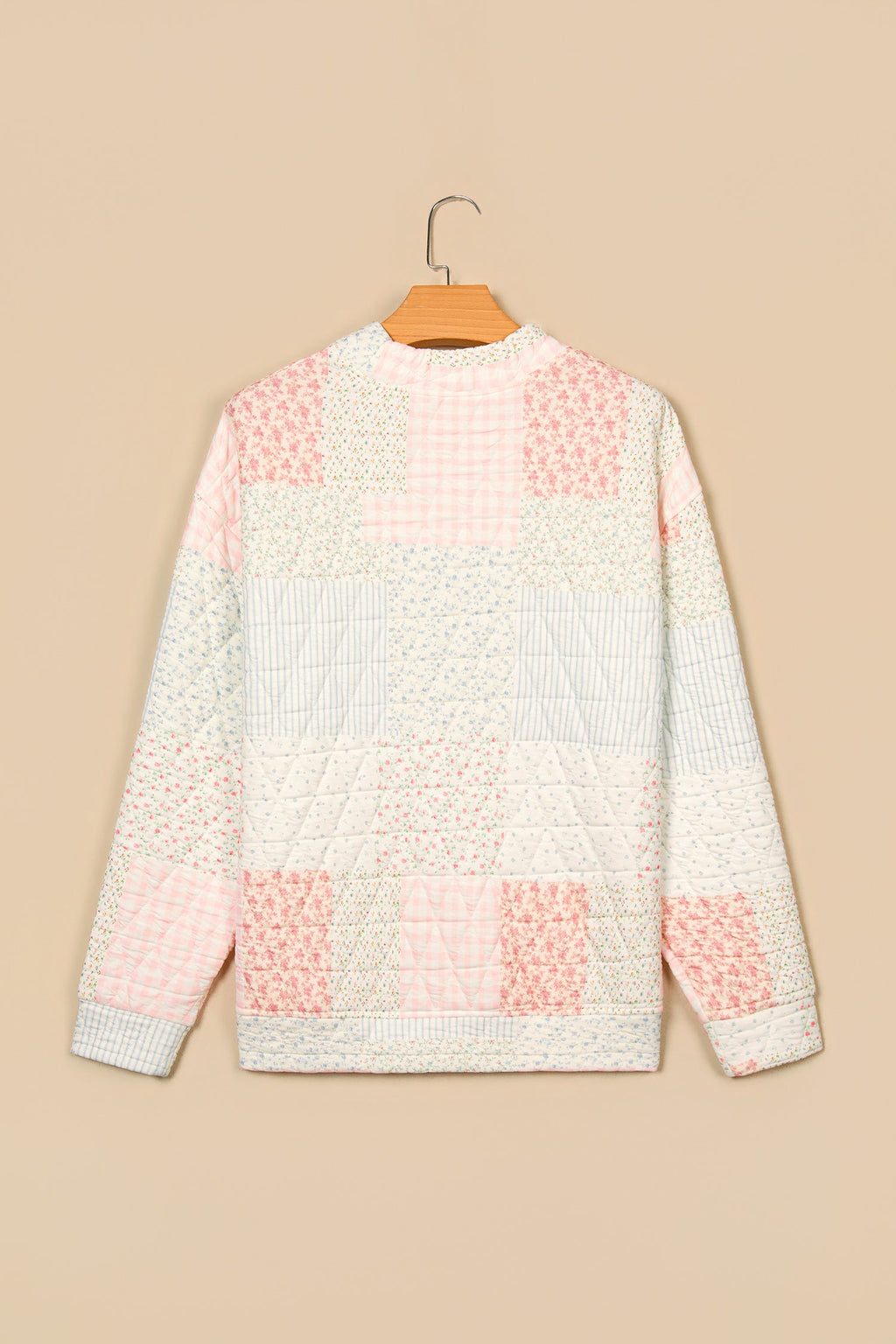 Floral Patchwork Quilted Mock Neck Long Sleeve Top