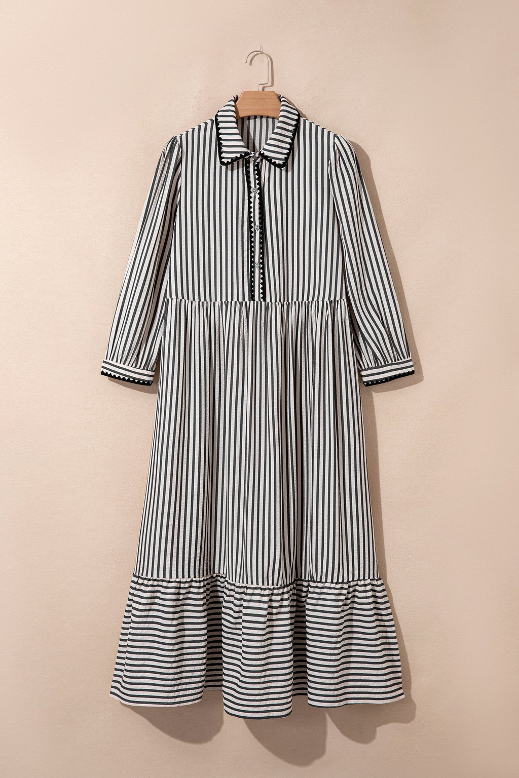Stripe Scallop Trim Shirt Collar Maxi Dress