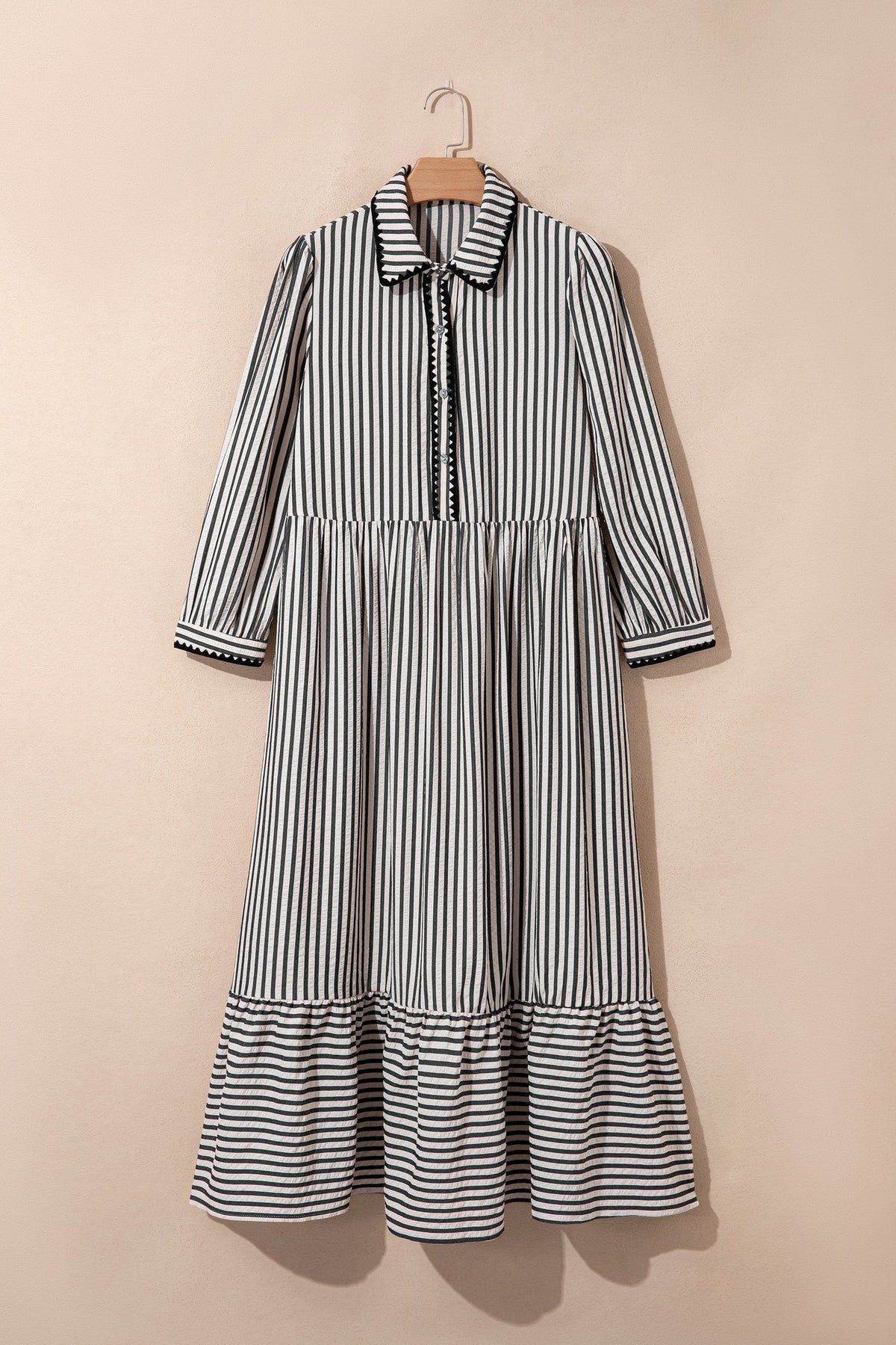 Stripe Scallop Trim Shirt Collar Maxi Dress