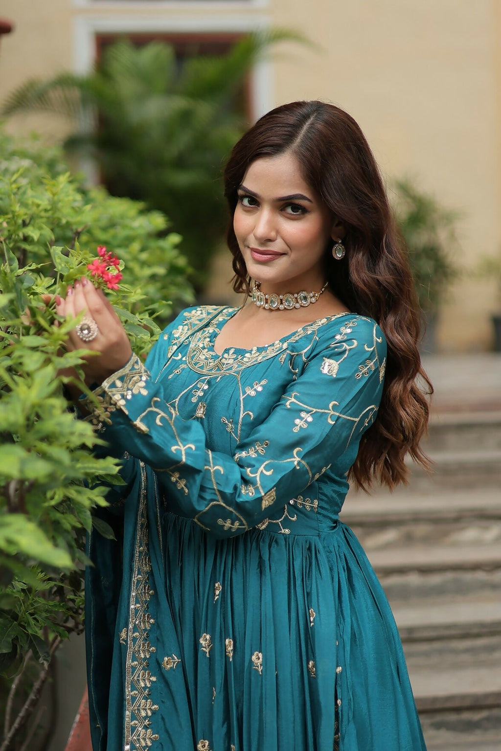 Joban Fashion Blue Chinon Sequence Embroidery Work Kurta Set