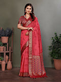 Carrot Red Banarasi silk saree with ornate woven patterns