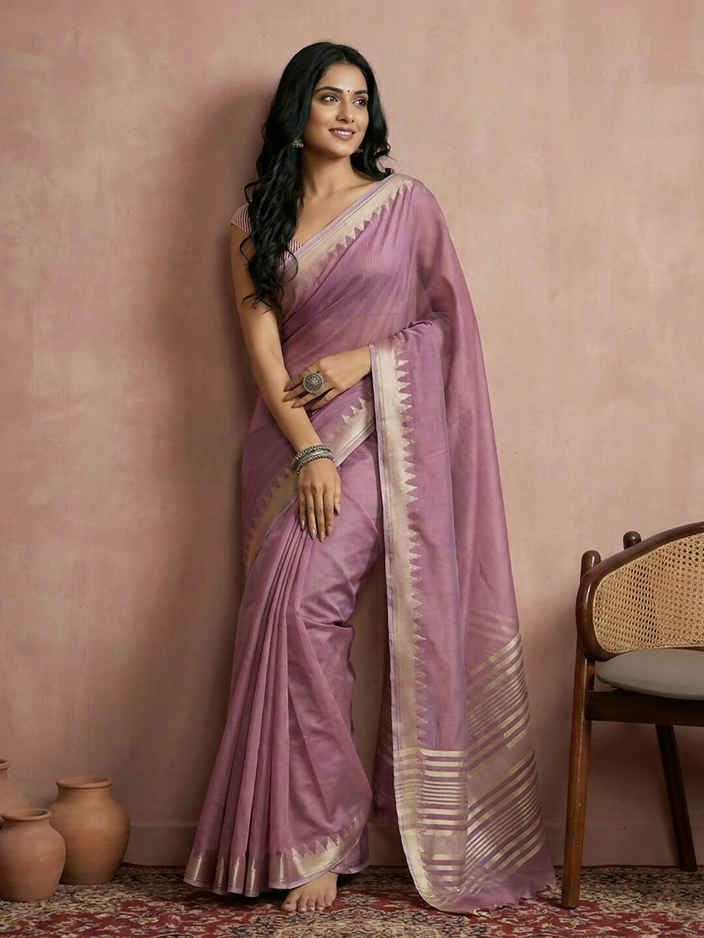 Elegant purple cotton saree with matching blouse