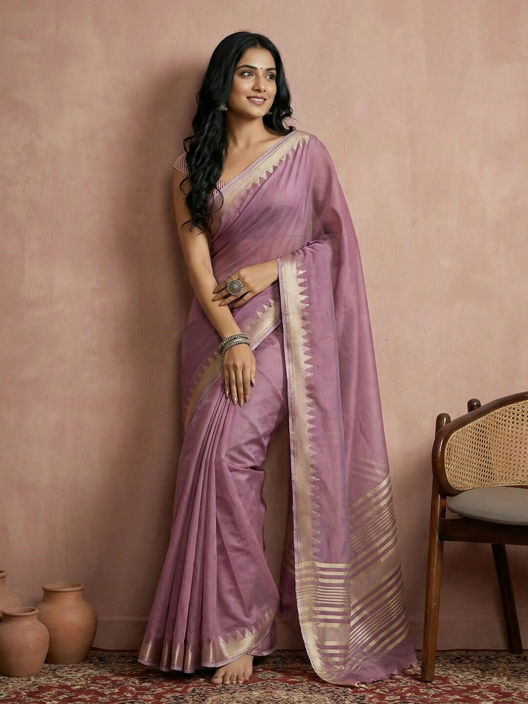 Elegant purple cotton saree with matching blouse