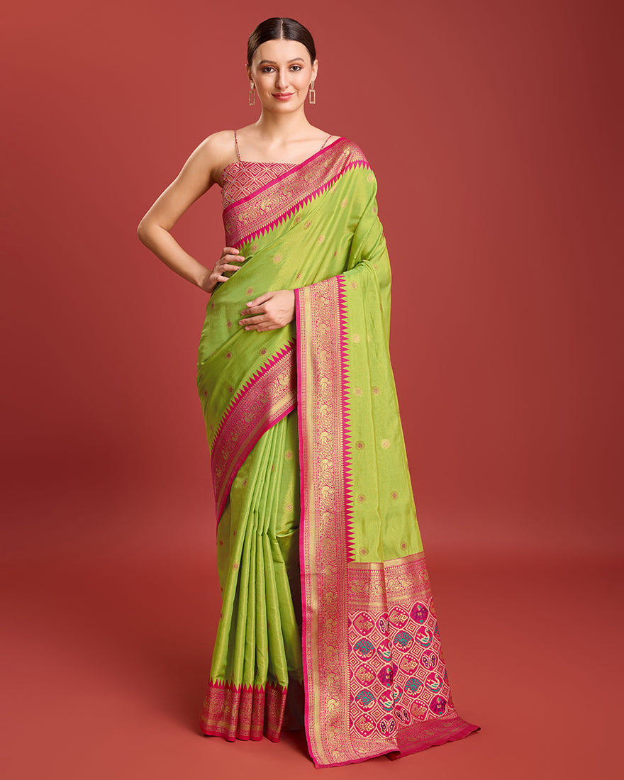 Parrot Green Banarasi Tissue Silk Saree with Patola Pallu