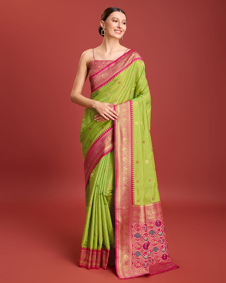 Parrot Green Patola Pallu Banarasi Tissue Silk Saree