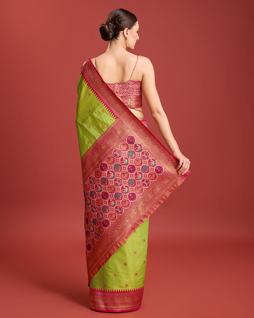 Parrot Green Patola Pallu Banarasi Tissue Silk Saree