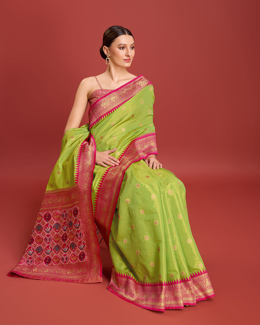 Parrot Green Patola Pallu Banarasi Tissue Silk Saree