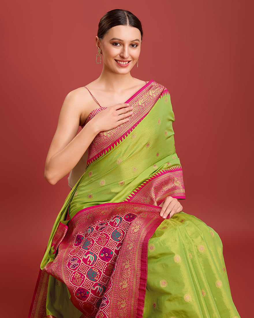 Parrot Green Patola Pallu Banarasi Tissue Silk Saree
