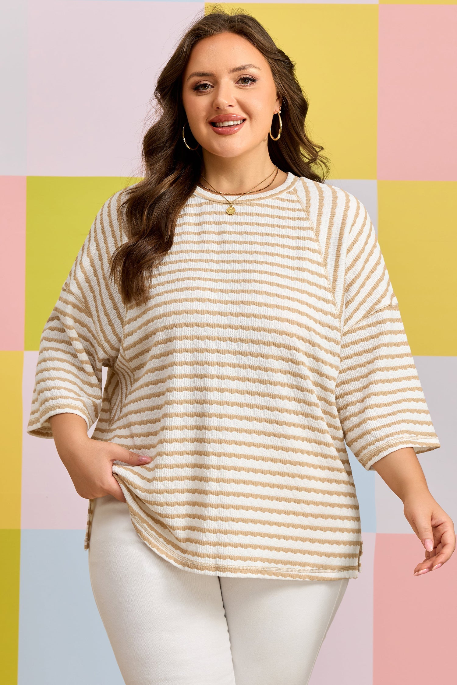 Liv Detail Half Sleeve Striped Knit Top - White & Tan