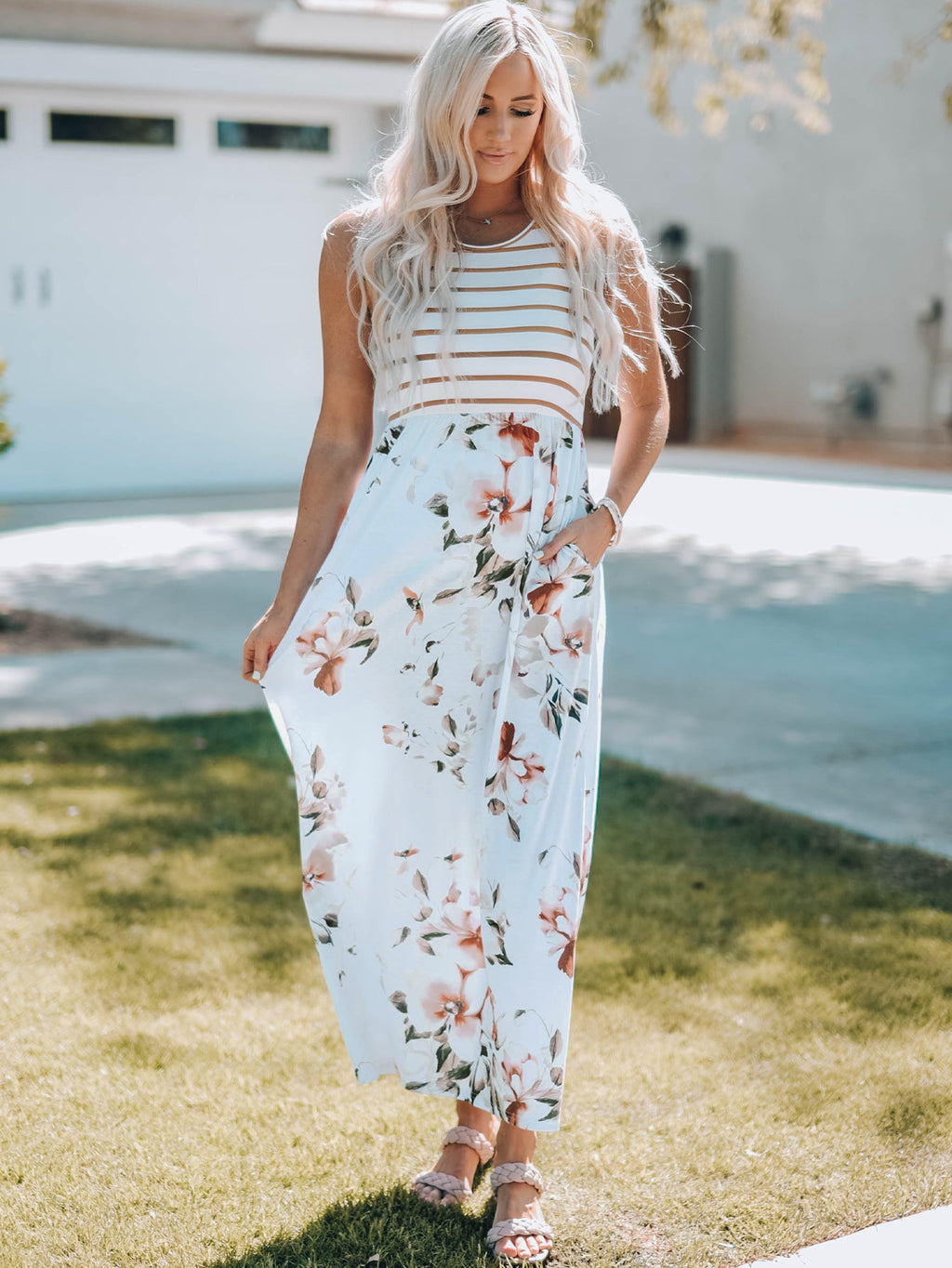 Zora Striped Floral Sleeveless Maxi Dress with Pockets