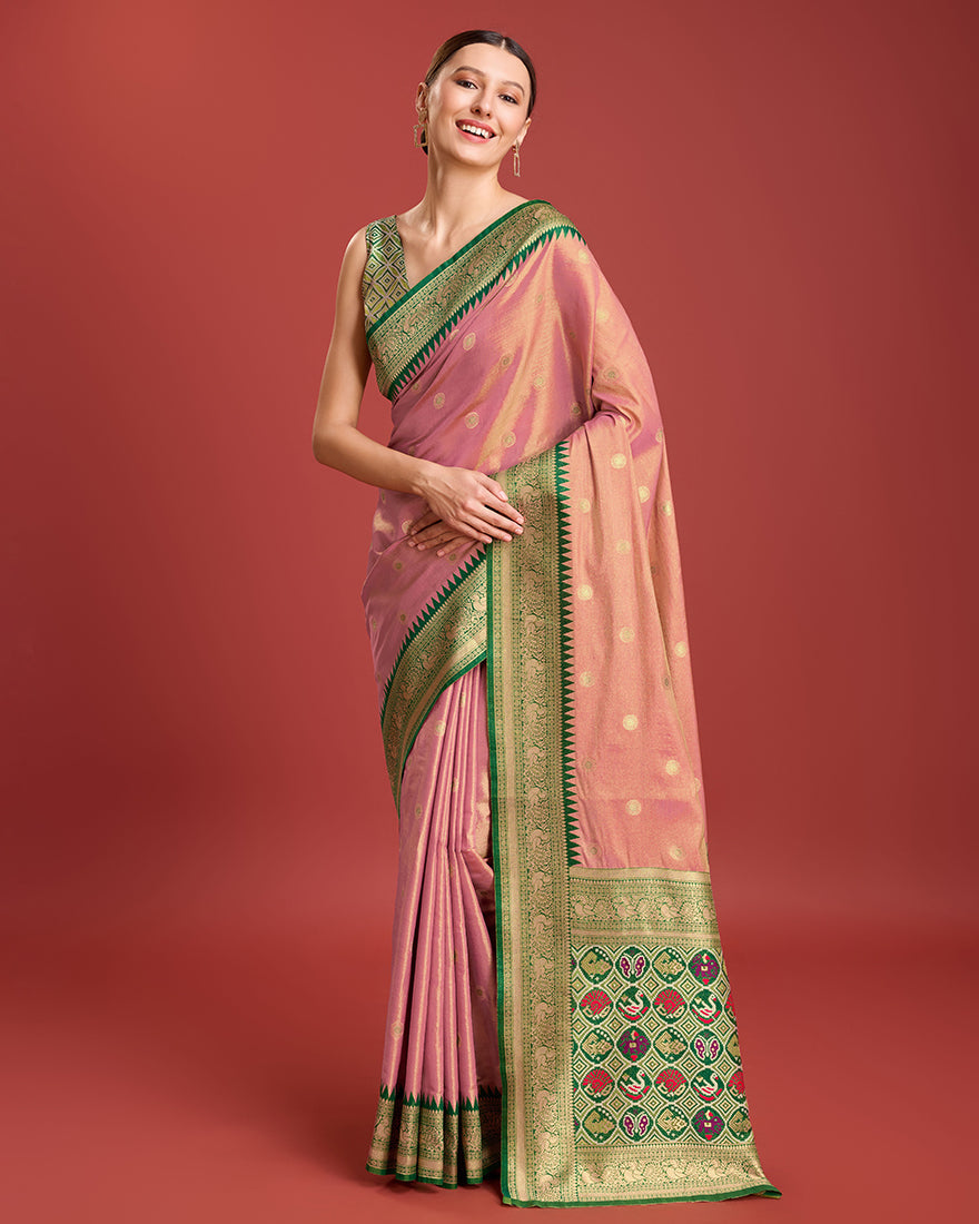 Rose Pink Banarasi Tissue Silk Saree with Patola Pallu