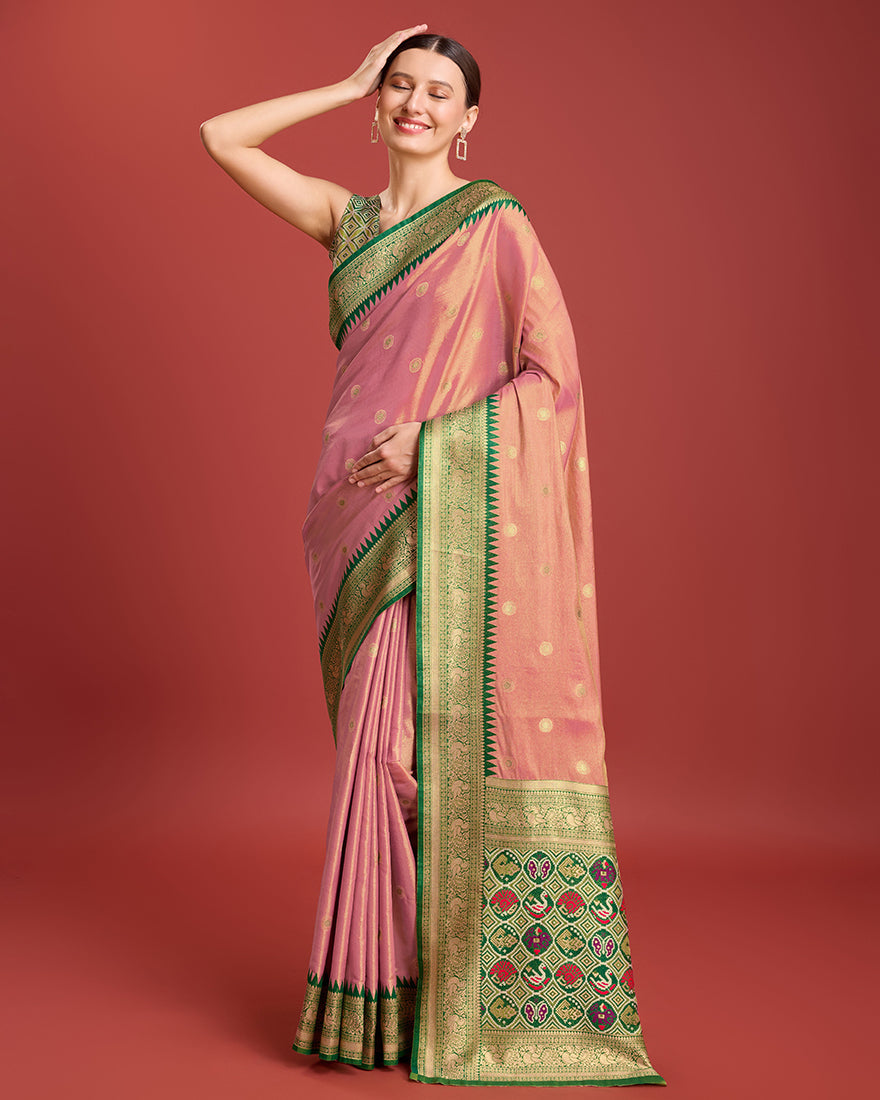 Rose Pink Banarasi Tissue Silk Saree with Patola Pallu