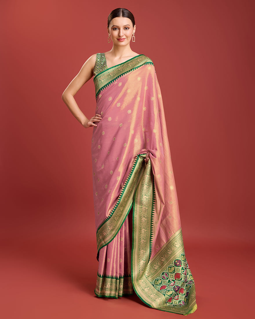 Rose Pink Banarasi Tissue Silk Saree with Patola Pallu