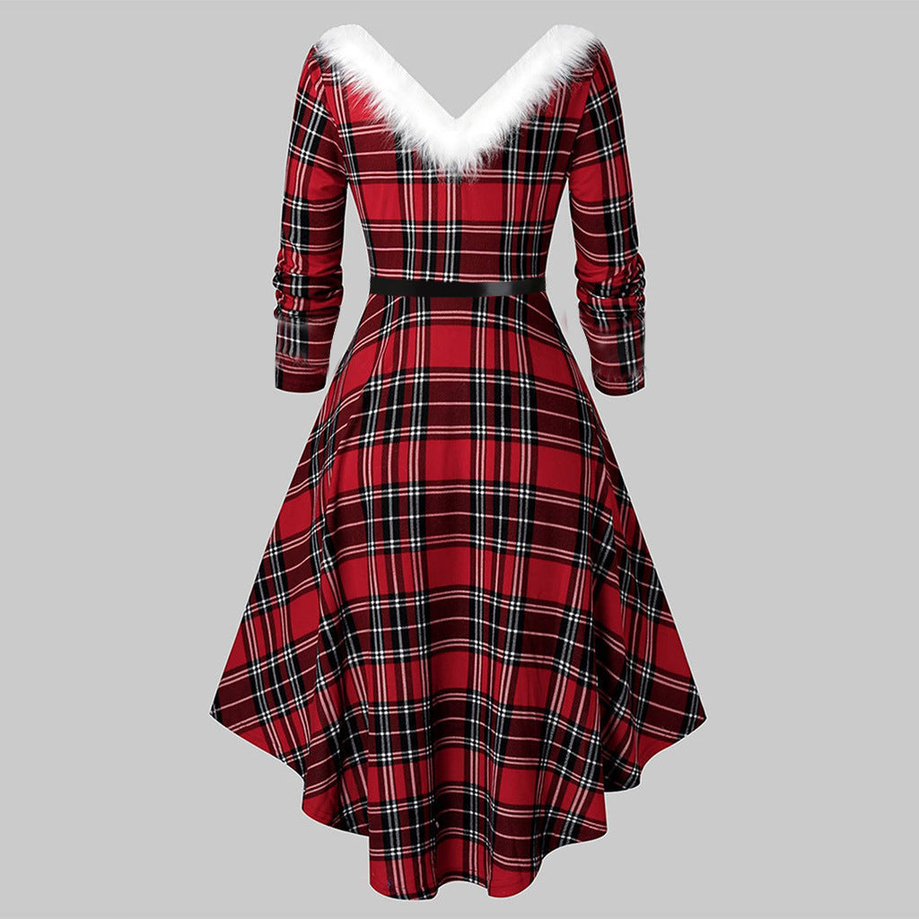Women’s Christmas Plaid V-Neck Long Sleeve Faux Fur Trim Dress - Image 2