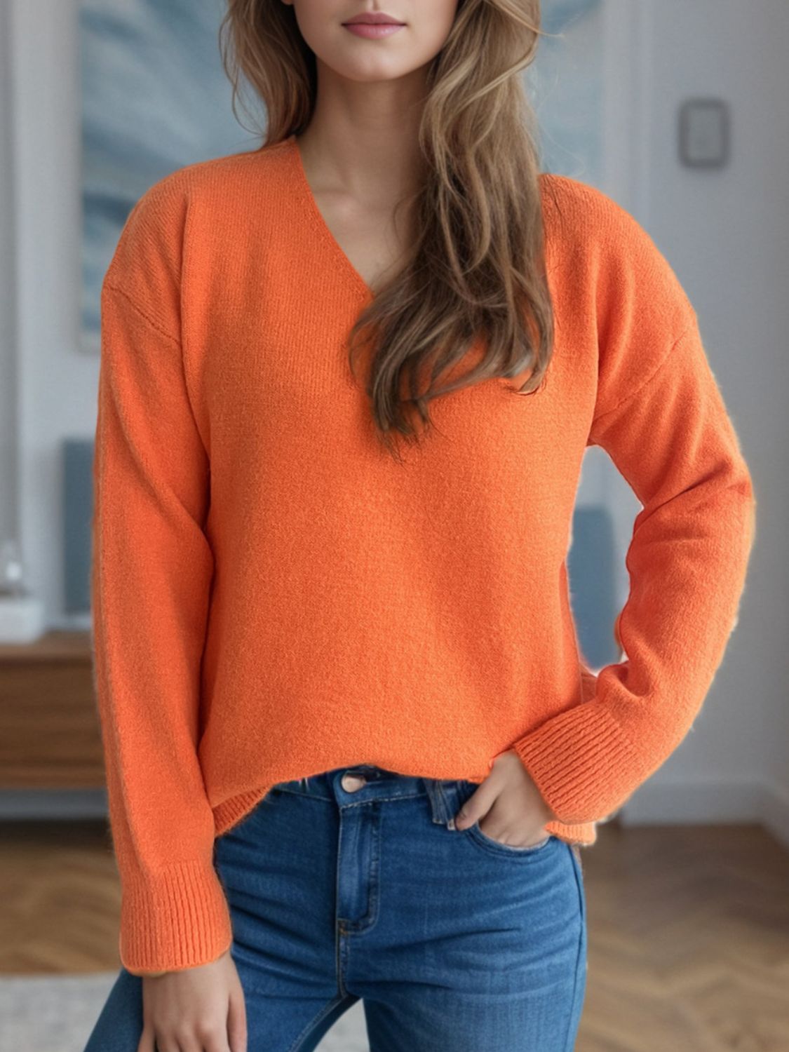 Women's V-Neck Dropped Shoulder Long Sleeve Knit Sweater - Image 17