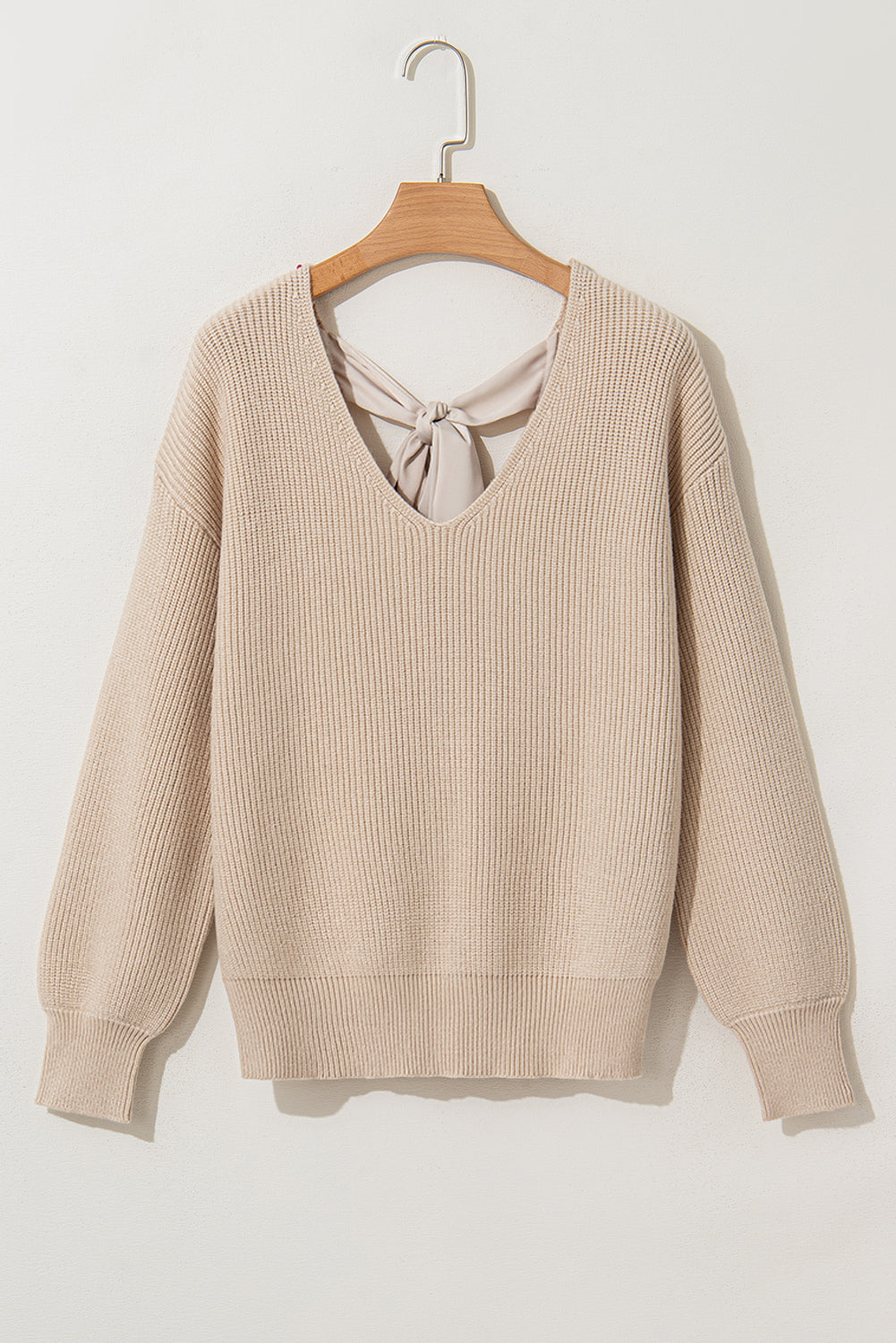 Bow Back Lantern Sleeve V-Neck Sweater