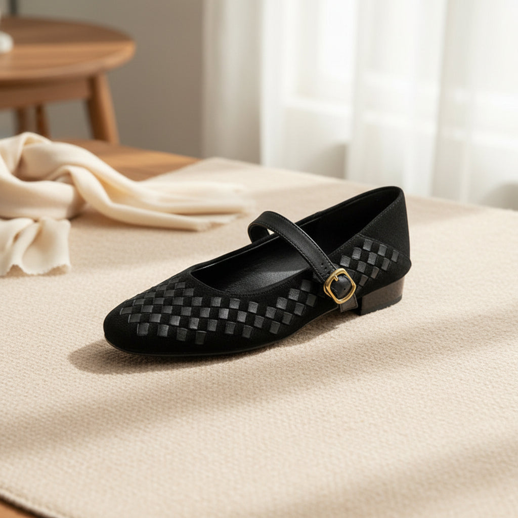 Woven Brown Sheepskin Mary Jane Flats with Single Buckle Strap