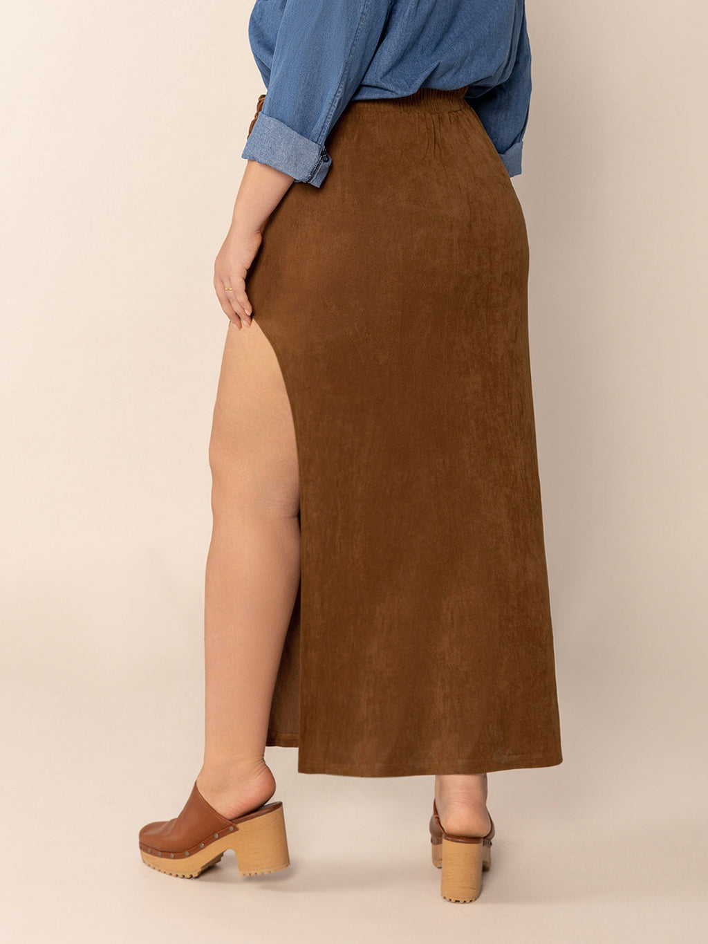 Ruffled Slit High Rise A-Line Skirt in Brown | Floor Length