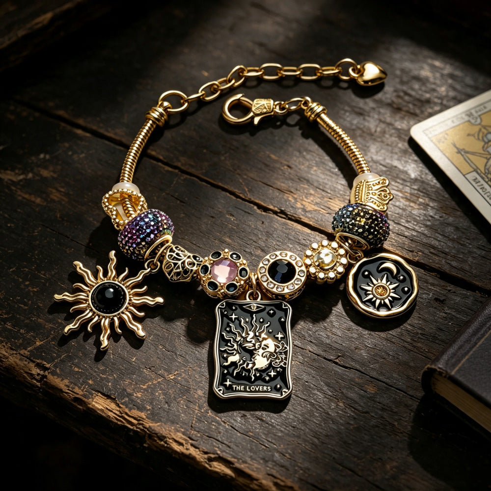 Retro Black-and-Gold Tarot Lovers Card Beaded Bracelet