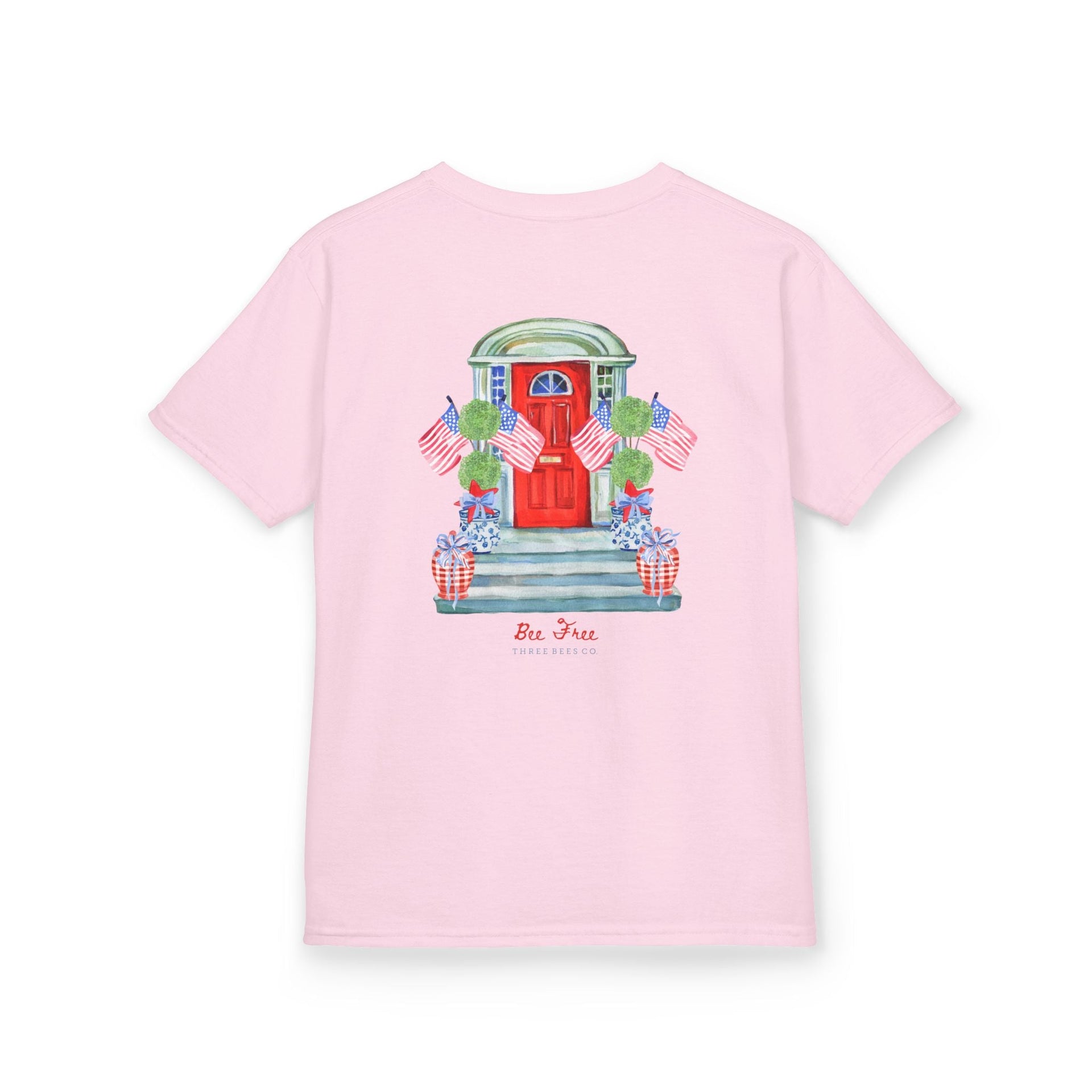 Bee Free Patriotic American Flag Front Porch Girls Short Sleeve Youth Hive Tee