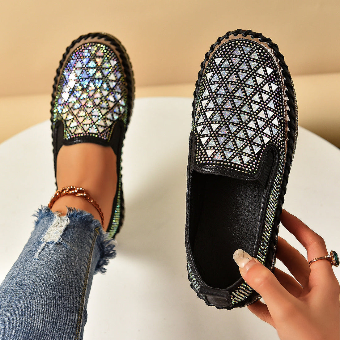 Women's Rhinestone Embellished Thick Sole Slip-On Casual Sneakers - Image 4