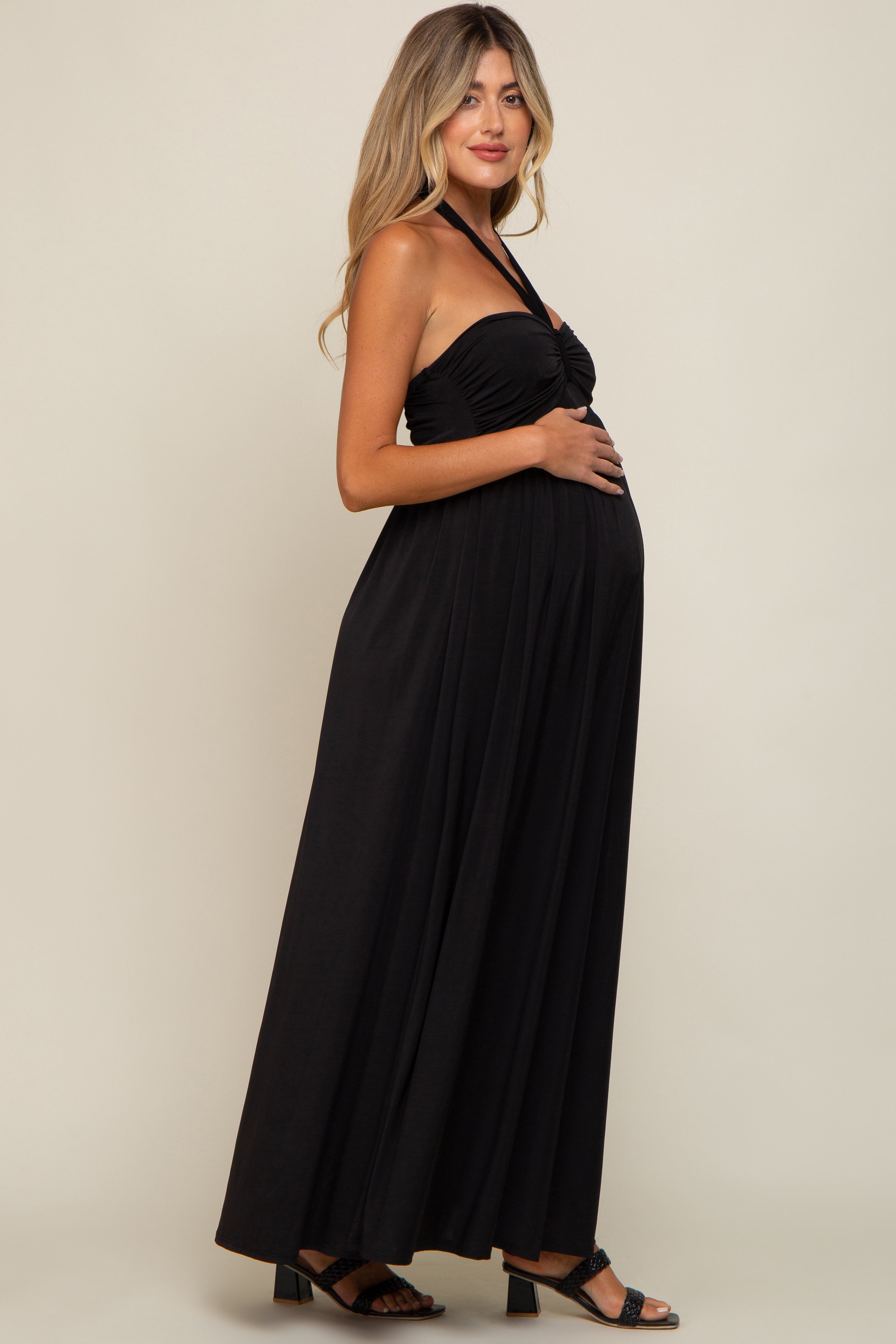 Black Front Knot Halter Maternity Maxi Dress for Stylish Moms