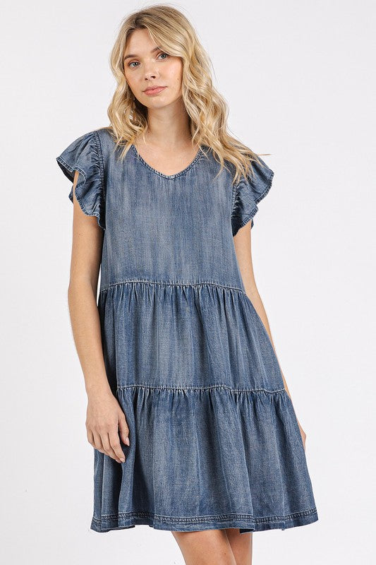 V-Neck Ruffled Cap Sleeve Mini Dress for Women