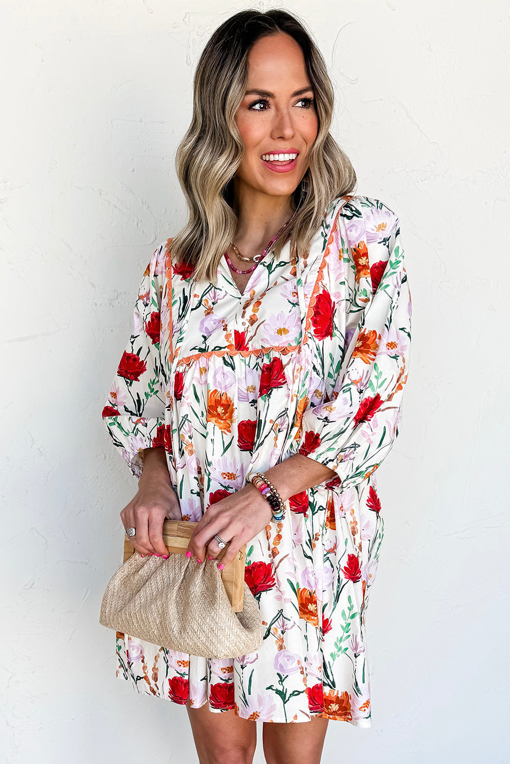 Beige Floral Print 3/4 Puff Sleeve Ricrac Trim Mini Dress