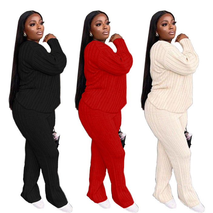 Women's Minimalist Long Sleeve Knit Two-Piece Loungewear Suit