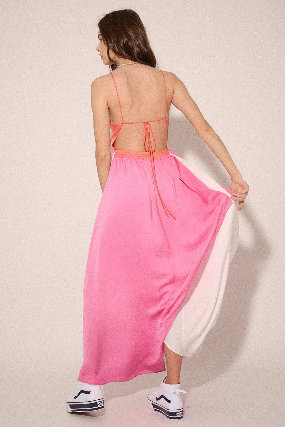 Coral-Pink-Cream Color Block Plunge Neck Wrap Tulip Hem Maxi Dress