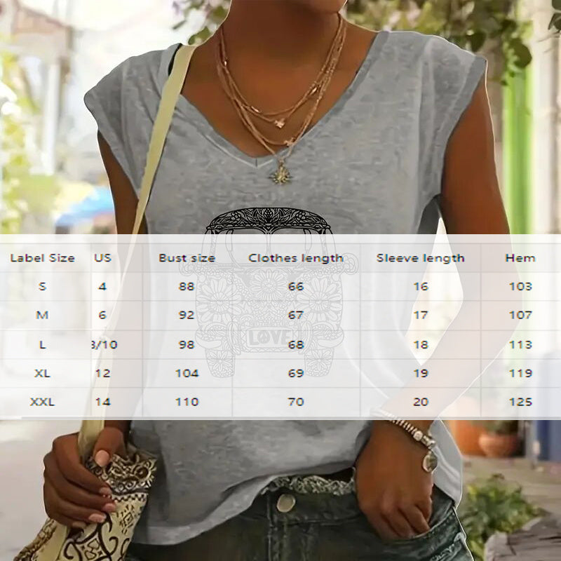 Women's Grey V-Neck Short Sleeve Floral Van Graphic Print Tee - Image 4