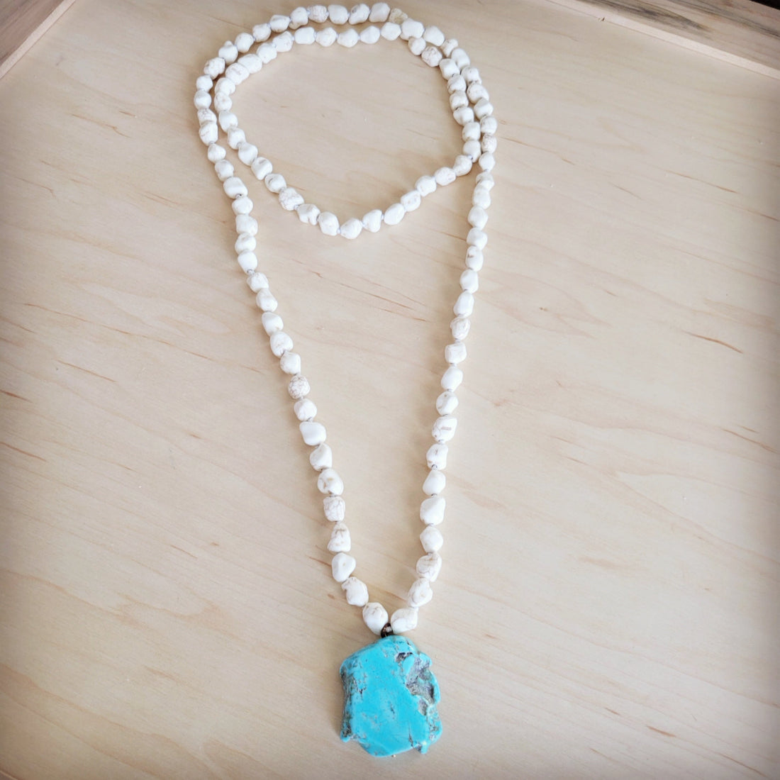Long White Turquoise Beaded Necklace with Blue Slab Pendant - Image 4
