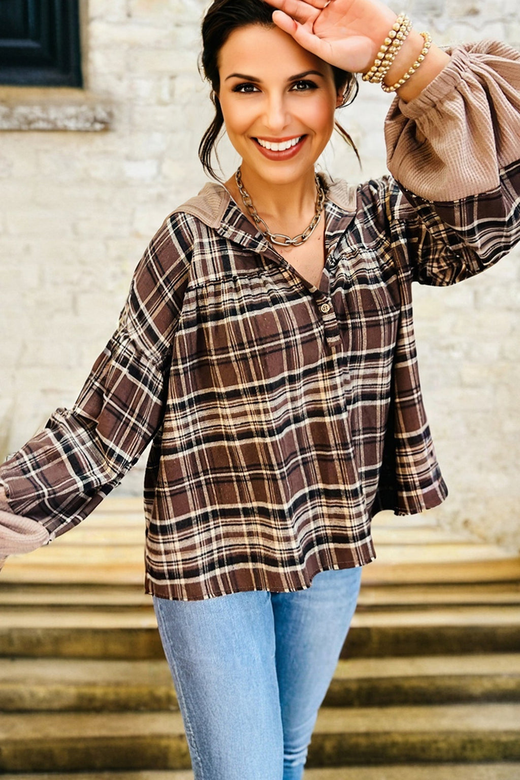 Plaid Quarter-Button Patchwork Long Sleeve Hooded Blouse