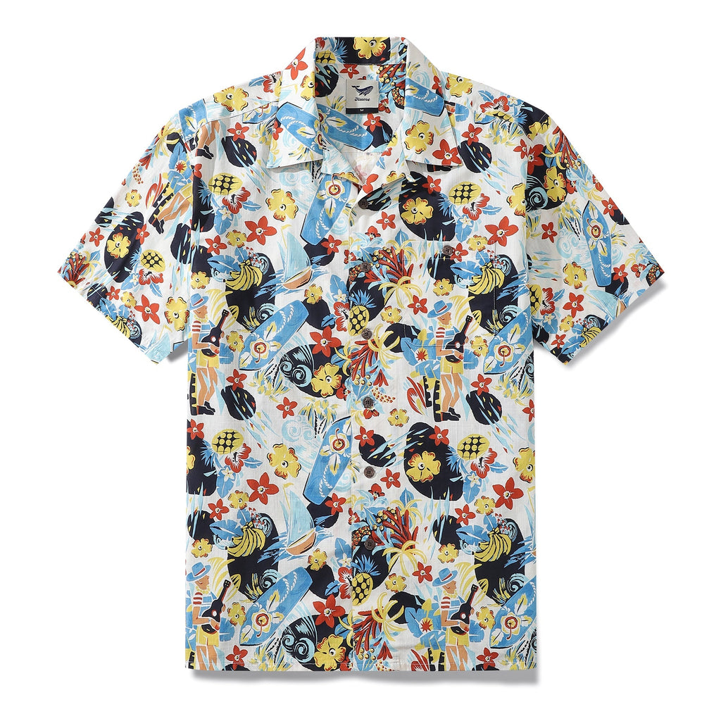Vintage 1960s style Hawaiian shirt for men in 100% cotton with a camp collar design.