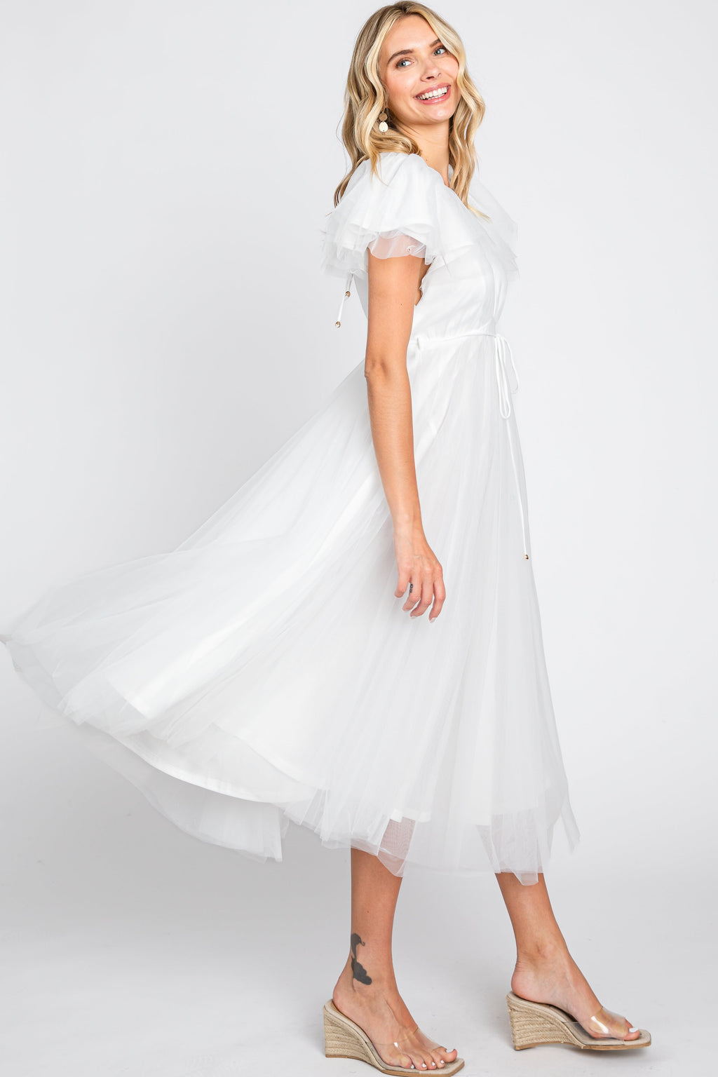 White Tulle V-Neck Flutter Sleeve Midi Dress - Image 2