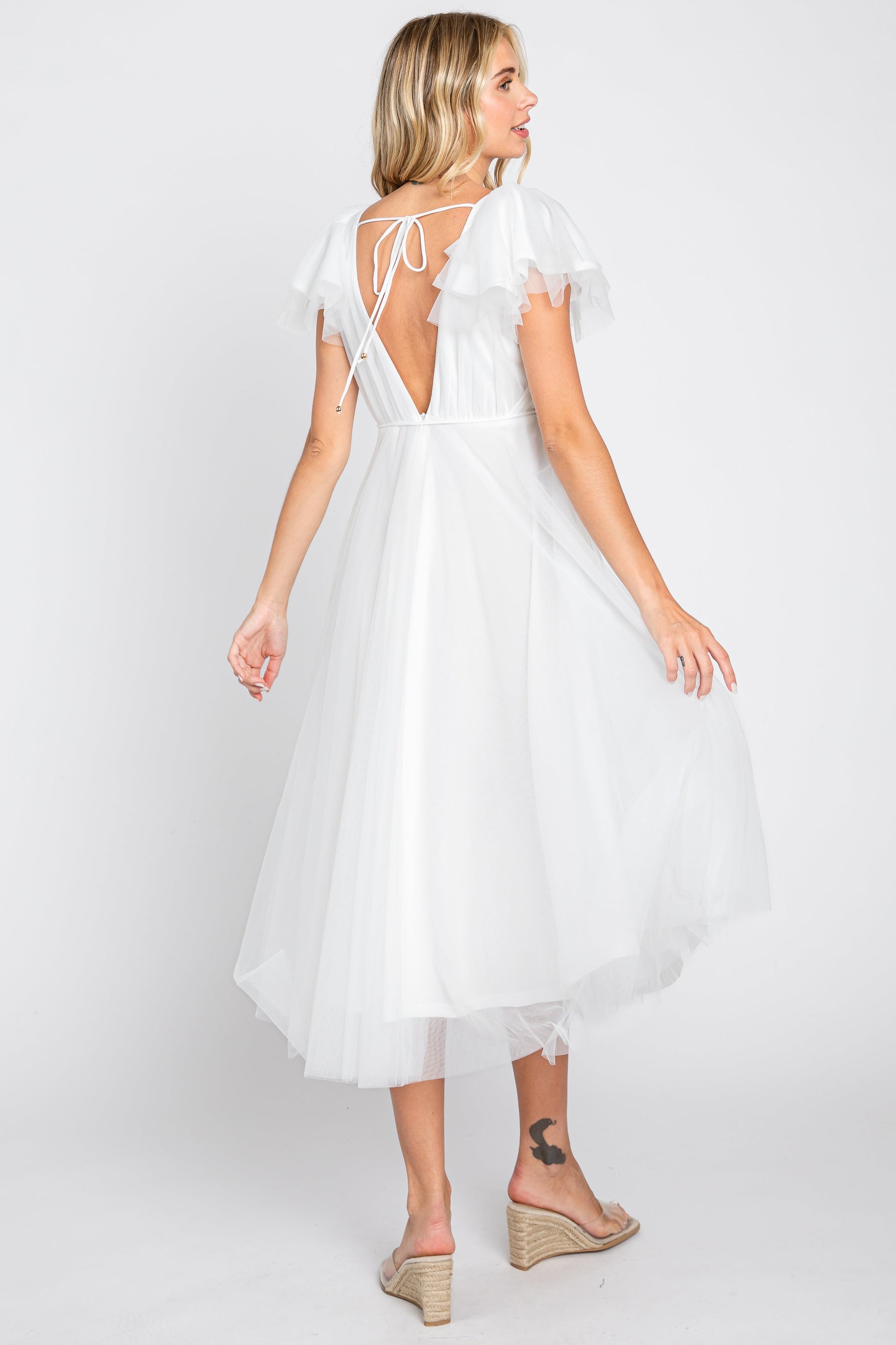 White Tulle V-Neck Flutter Sleeve Midi Dress - Image 3
