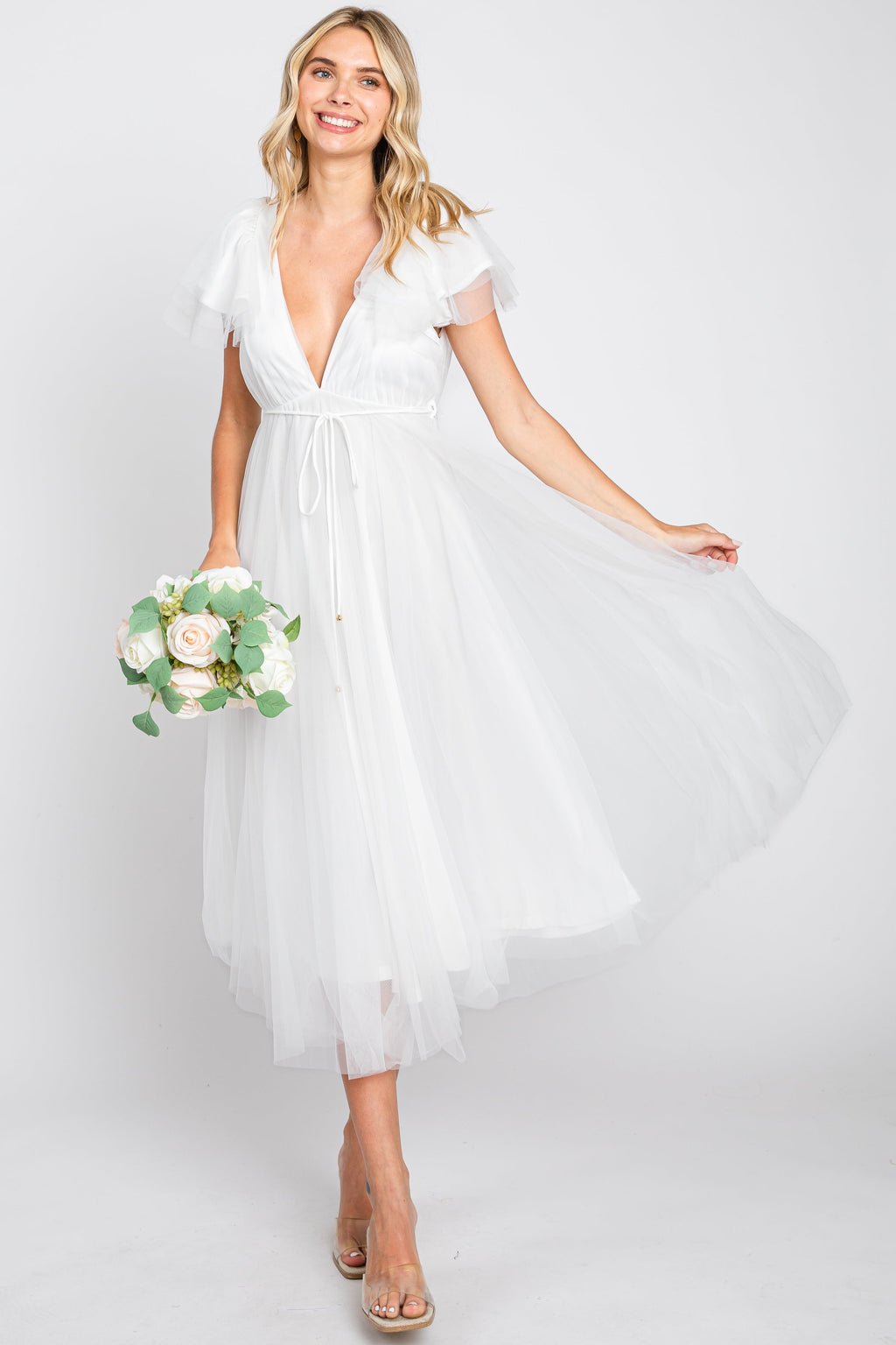 White Tulle V-Neck Flutter Sleeve Midi Dress - Image 4